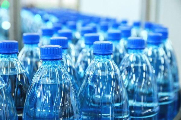 Plastic bottled water in a production line